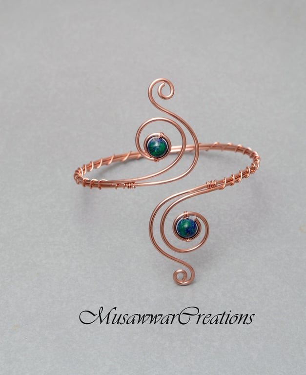 CopperSilver arm cuff, Natural Stone Chrysocolla Azurite spiral design upper arm