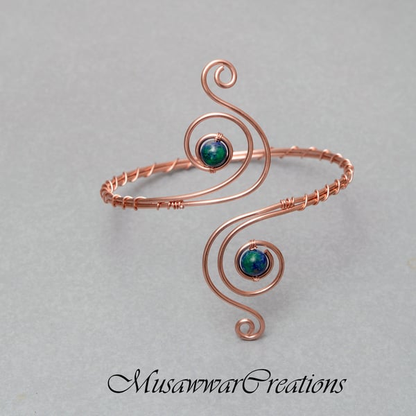 CopperSilver arm cuff, Natural Stone Chrysocolla Azurite spiral design upper arm