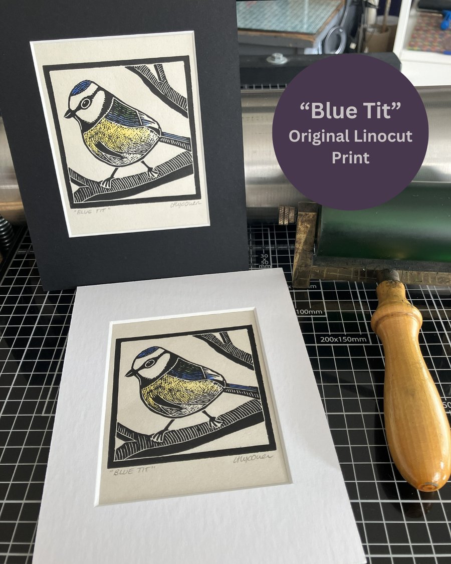 Lino Print - Blue Tit - Garden Bird - Original Print