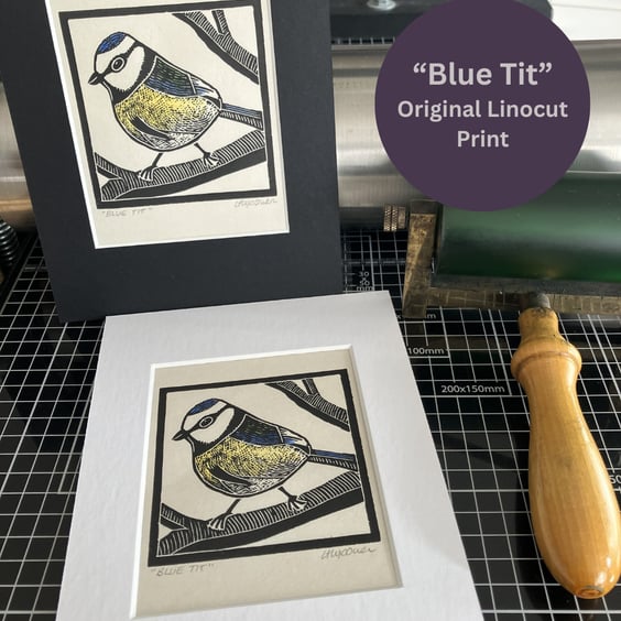Lino Print - Blue Tit - Garden Bird - Original Print