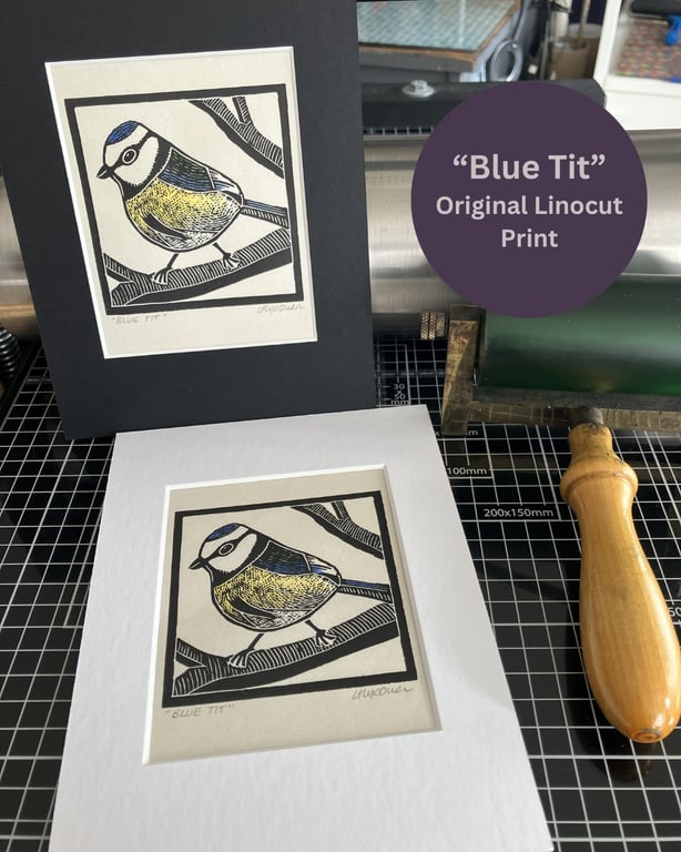 Lino Print - Blue Tit - Garden Bird - Original Print