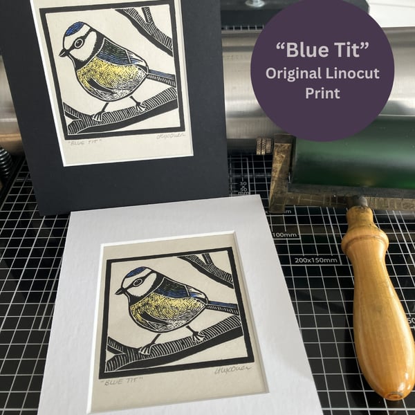 Lino Print - Blue Tit - Garden Bird - Original Print