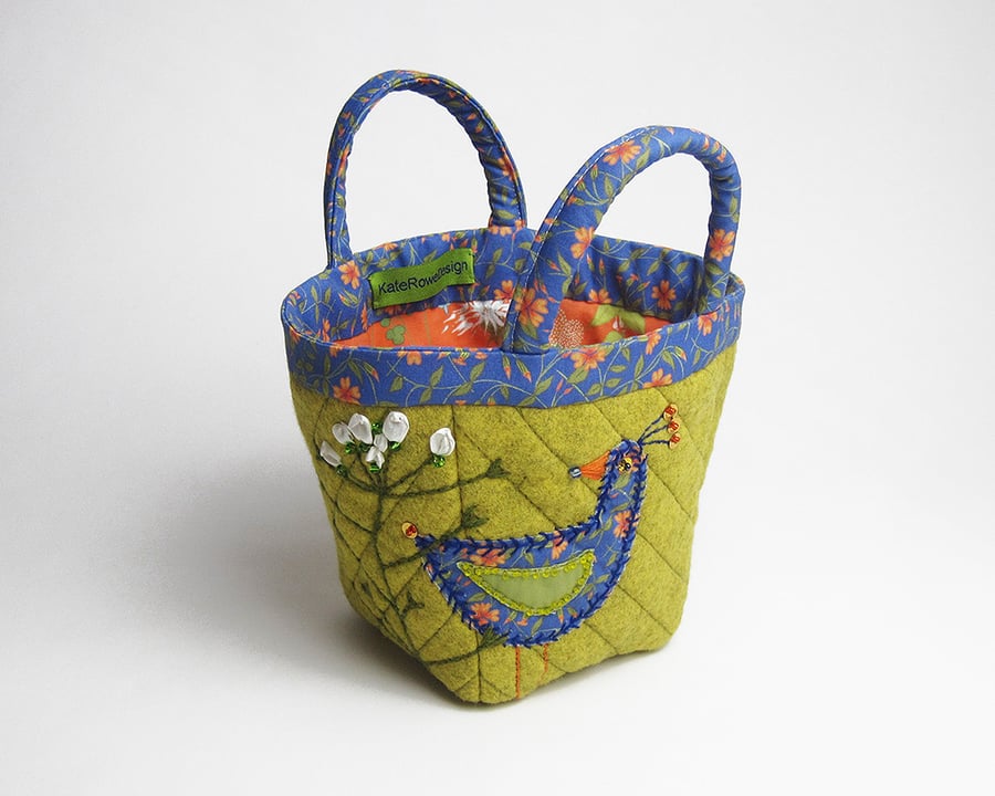Mustard bijou project bag with bird and flower embroidery