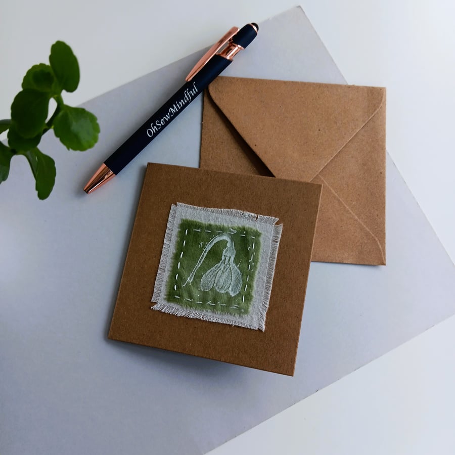 Textile Card with Hand Printed Snowdrop