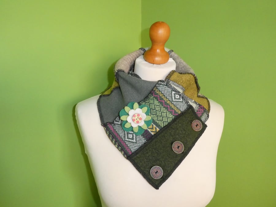 Neck Warmer Scarf with 3 button Trim. Upcycled Cowl. Felt Flower . No 3
