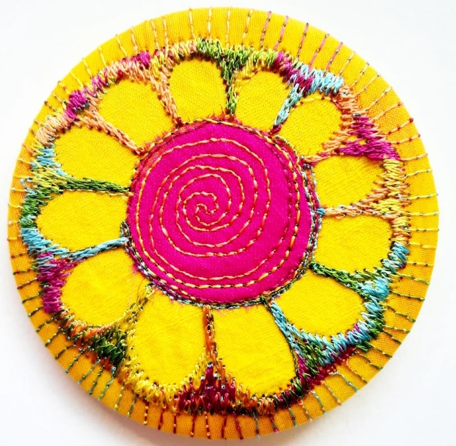 58mm Fabric Badge with Free Machine Embroidery Yellow and Pink Flower 