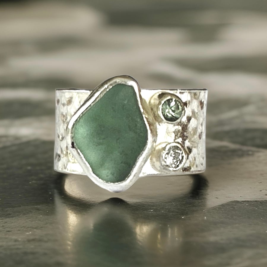 Silver Ring With Sea Glass Diamond And Green Sapphire