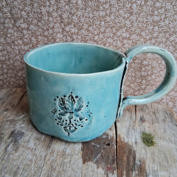 Aqua folk art tea cup - stoneware smaller cup mug