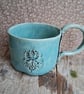 Aqua folk art tea cup - stoneware smaller cup mug