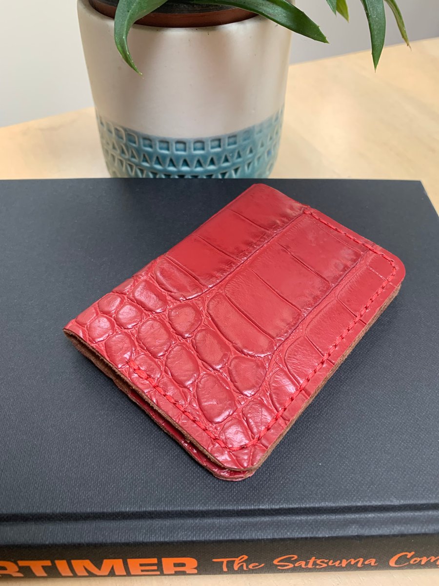 Leather wallet red unisex handmade slim & lightweight for cards and cash