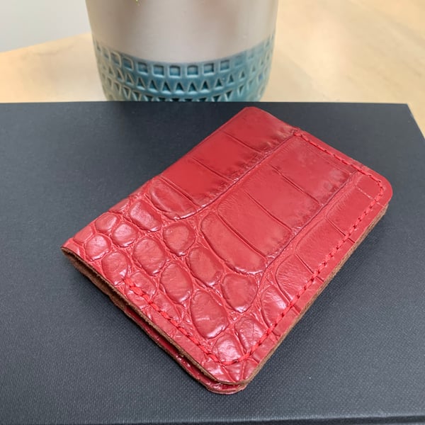 Leather wallet red unisex handmade slim & lightweight for cards and cash