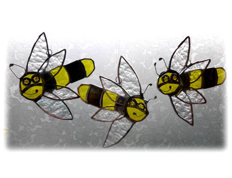 RESERVED 3 Bees Suncatcher Stained Glass Handmade Worker