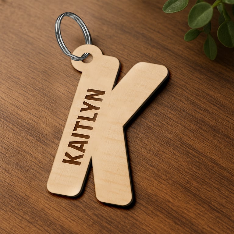 Personalised Wooden Initial Keyring, Letter Keychain, Custom Engraved Name Gift