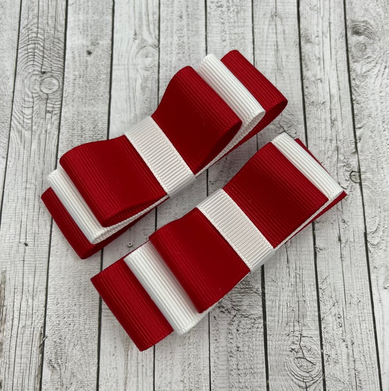 School Red and White 3 inch Straight Bows on Clips (pair)