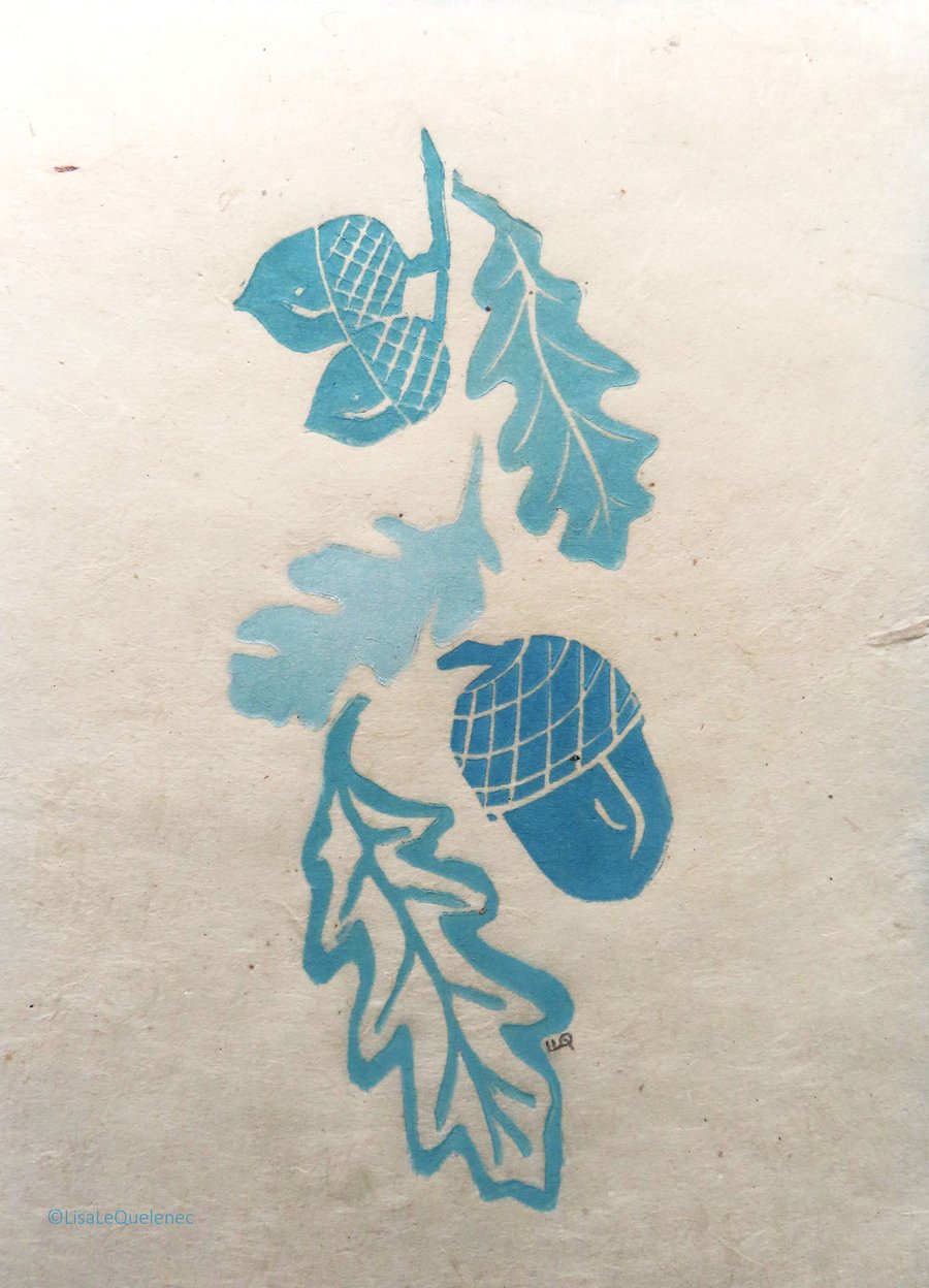 Monoprint acorns and oak leaves in aqua minimalist art print A5