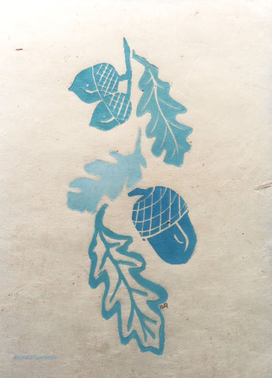 Monoprint acorns and oak leaves in aqua minimalist art print A5