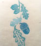 Monoprint acorns and oak leaves in aqua minimalist art print A5