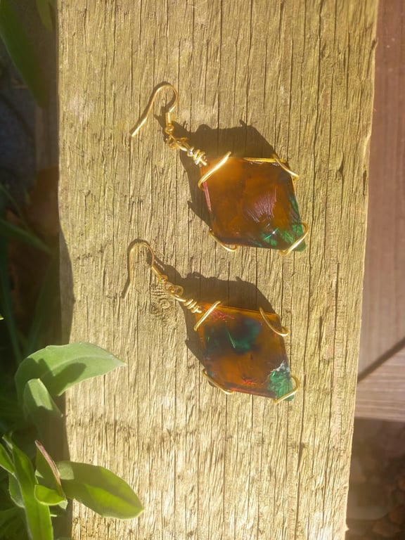 Small Earthy Green and Brown Diamond Dangle Earrings