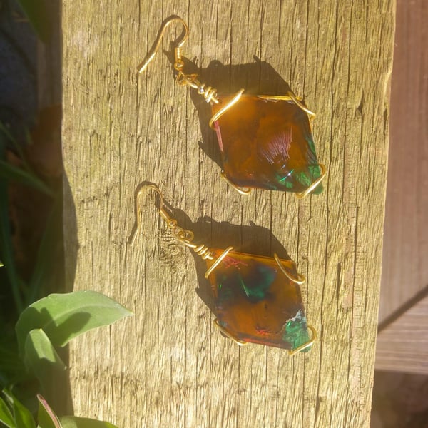 Small Earthy Green and Brown Diamond Dangle Earrings