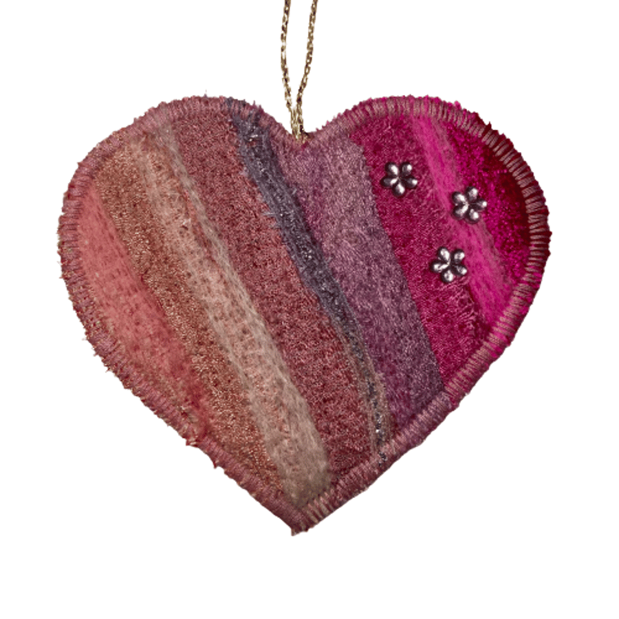 Needle felted silk fabric hanging heart (pink)