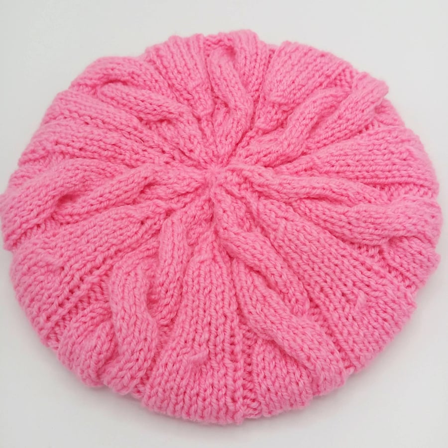 Girl's Pink Knitted Cabled Beret, Child's Pink Hat, Girl's Pink Cabled Beret