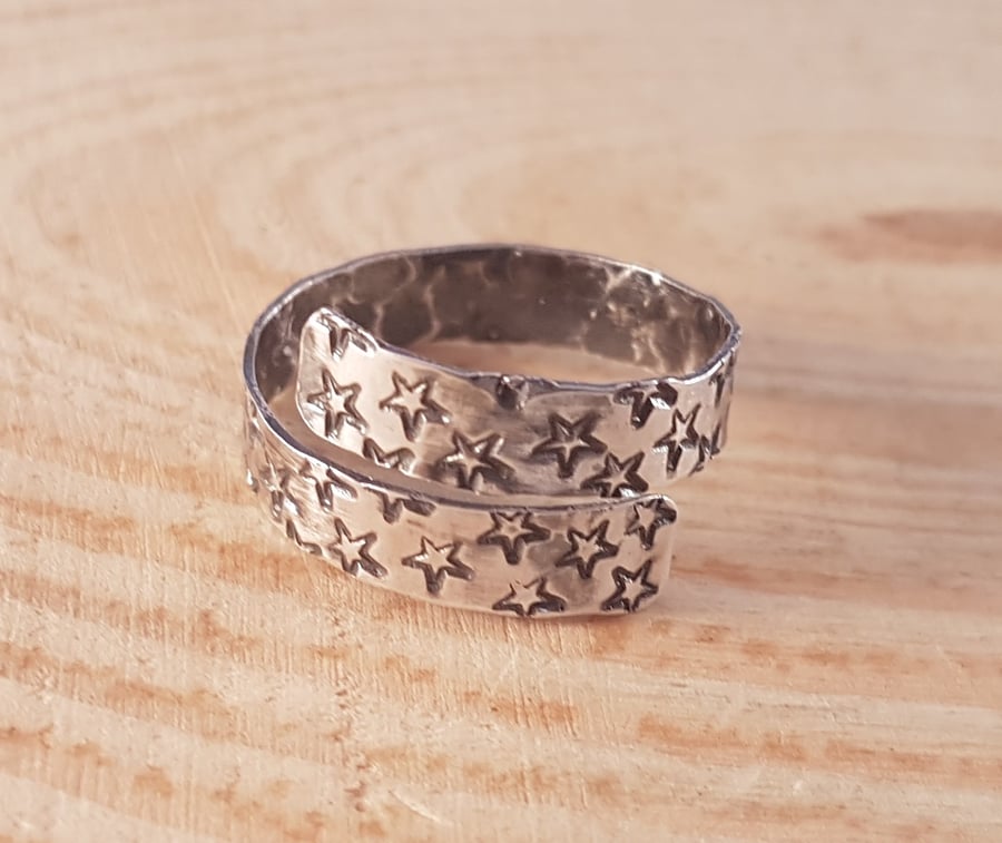 Sterling Silver Star Stamped Cross Over Adjustable Ring