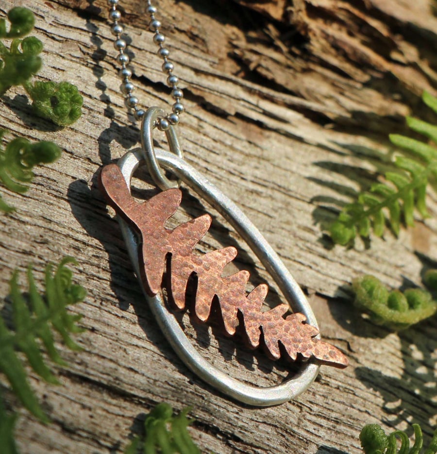 Recycled Silver and Copper Fern Pendant Necklace