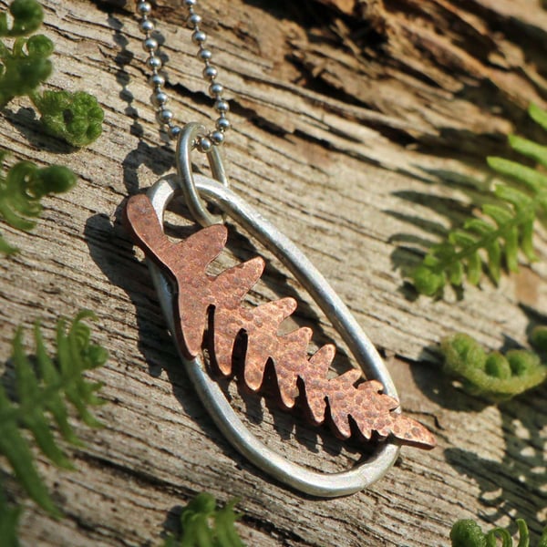 Recycled Silver and Copper Fern Pendant Necklace