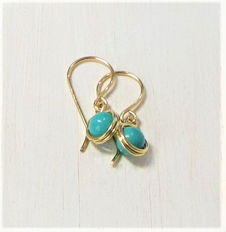 Short drop earrings - turquoise gold wrap earrings - December birthstone