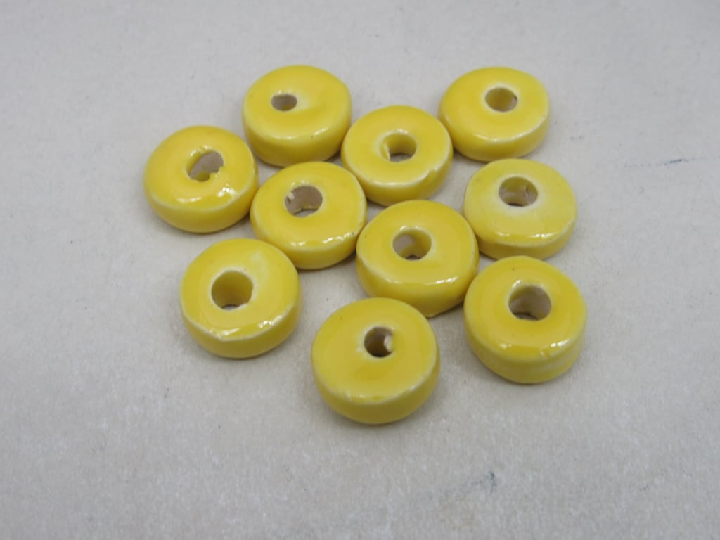 10 Small Lemon Yellow Glazed Ceramic Washer Beads