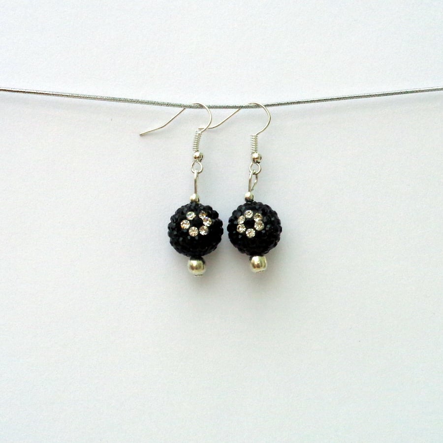 Black & silver bobbly bauble silver plated drop earrings