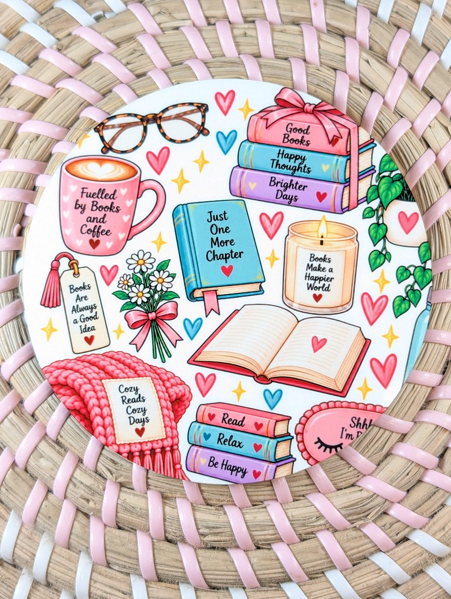 Book lover coaster, cosy vibes reading lover gift, round coaster