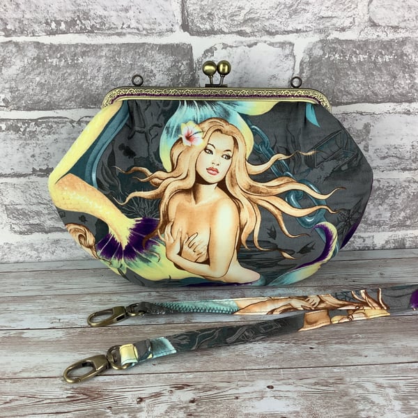 Mermaids Sea Sirens medium fabric frame clutch handbag, Kiss clasp