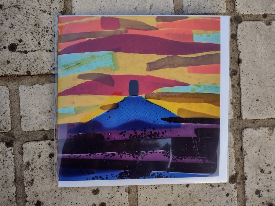 Fused glass art greetings card Glastonbury Tor Sunset, blank inside