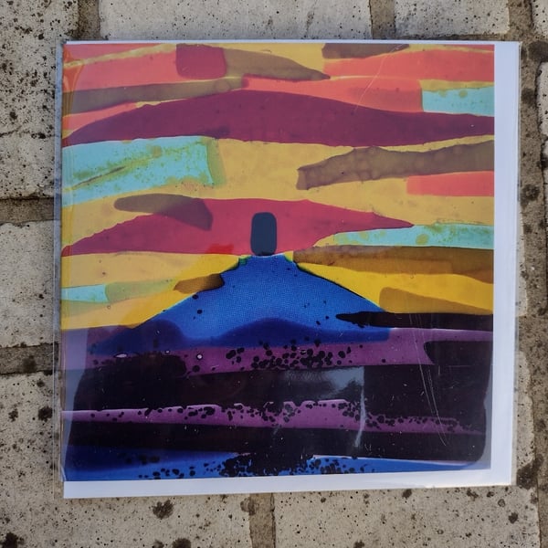 Fused glass art greetings card Glastonbury Tor Sunset, blank inside