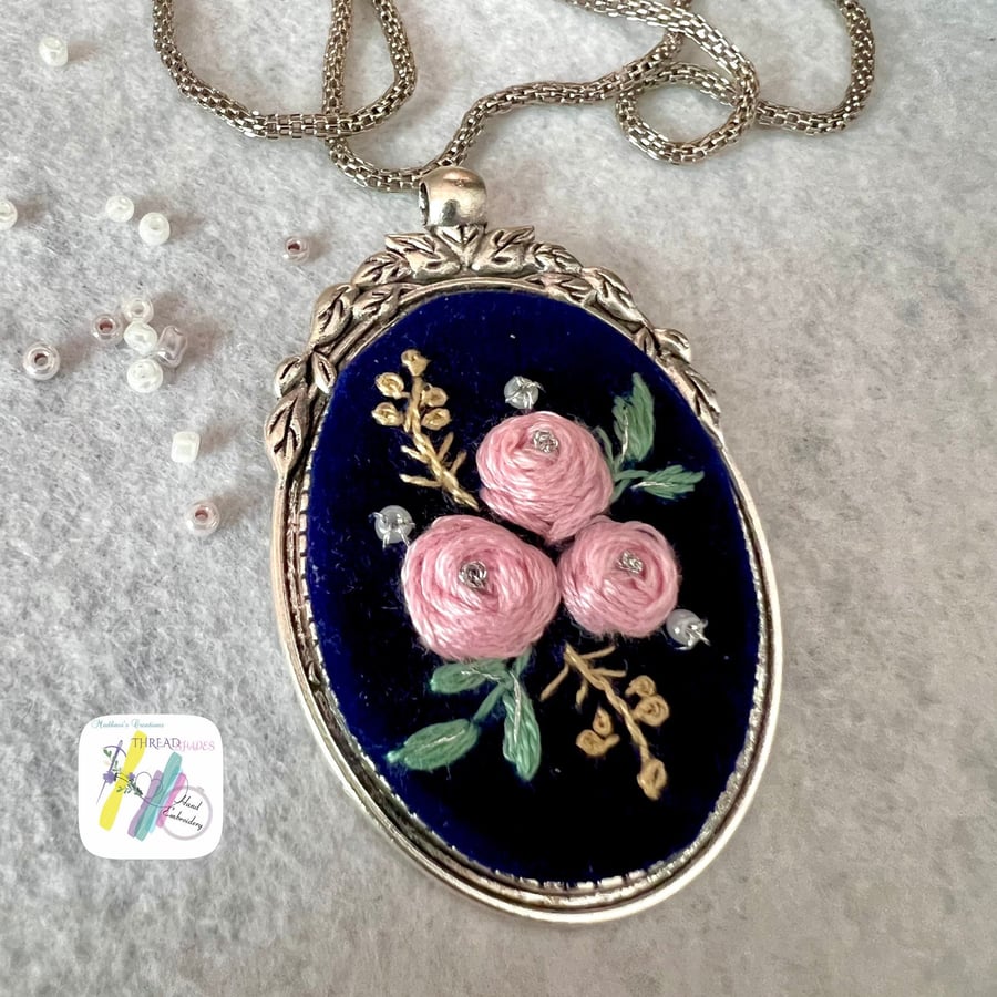 Hand embroidery necklace, embroidered pendant, handmade pendant, rose flower emb
