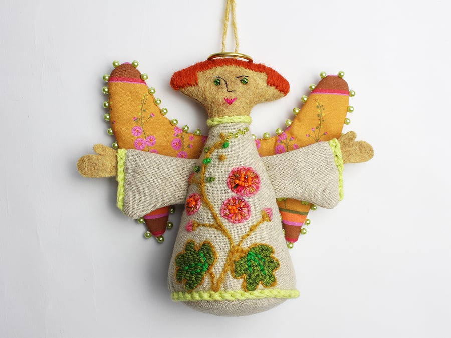 Mid-century angel - an oatmeal linen hanging ornament with hand embroidery
