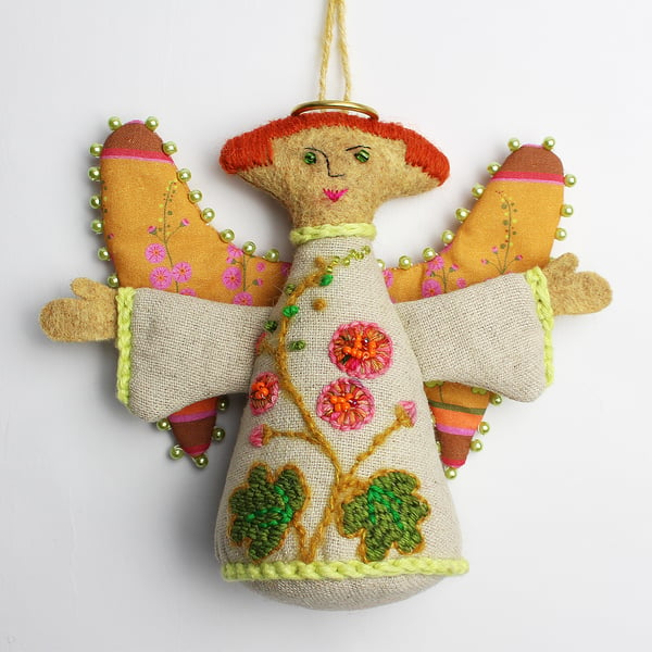 Mid-century angel - an oatmeal linen hanging ornament with hand embroidery