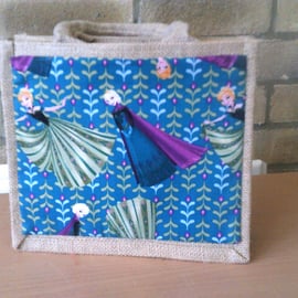 Elsa & Anna on Dark Turquoise Small Jute Bag