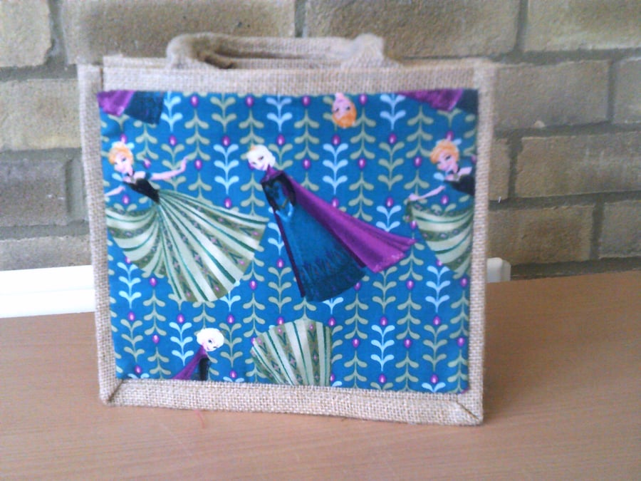 Elsa & Anna on Dark Turquoise Small Jute Bag