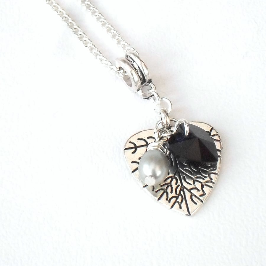  Silver pearl and Swarovski jet crystal heart charm necklace
