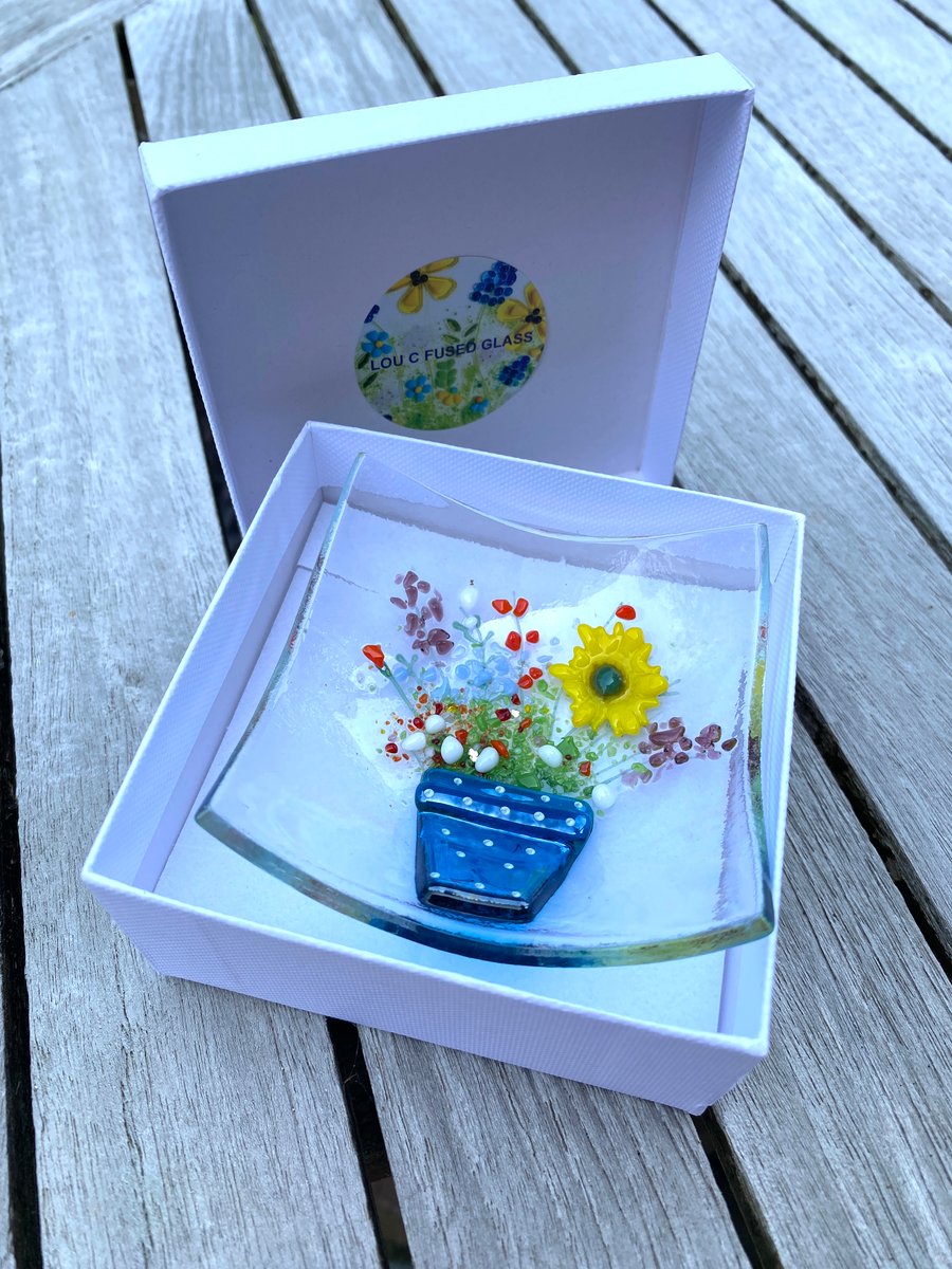 Fused glass flower pot trinket dish 