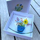 Fused glass flower pot trinket dish 