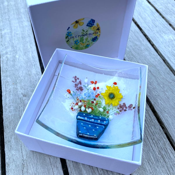 Fused glass flower pot trinket dish 