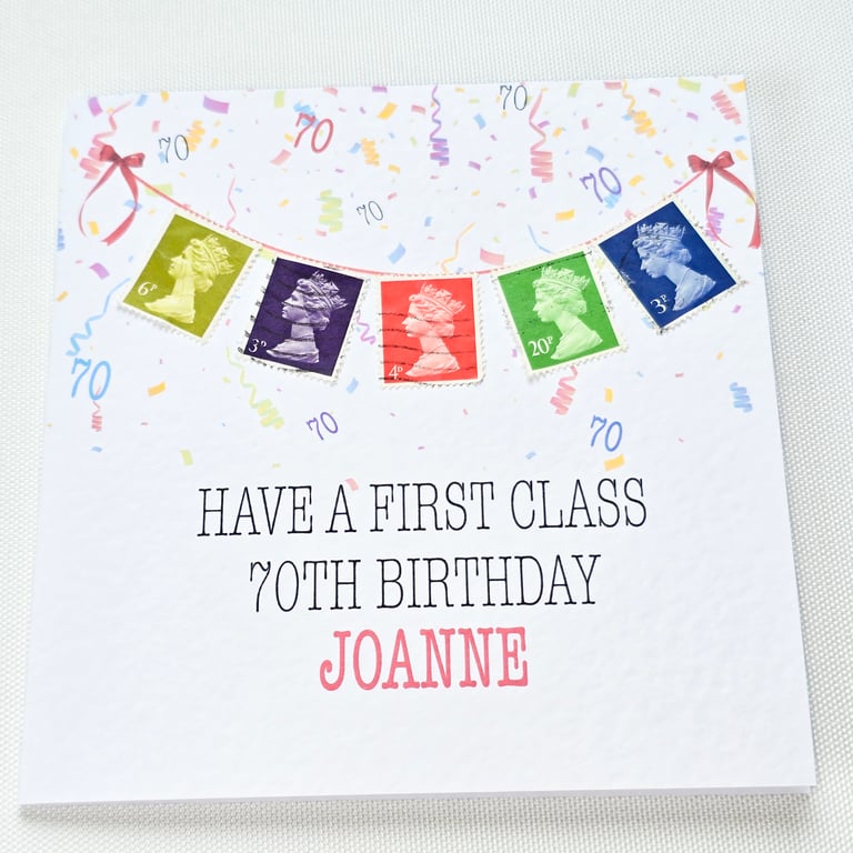 Personalised 70th Birthday Card - Unique Postage Stamp Card - Handmade Birthday 