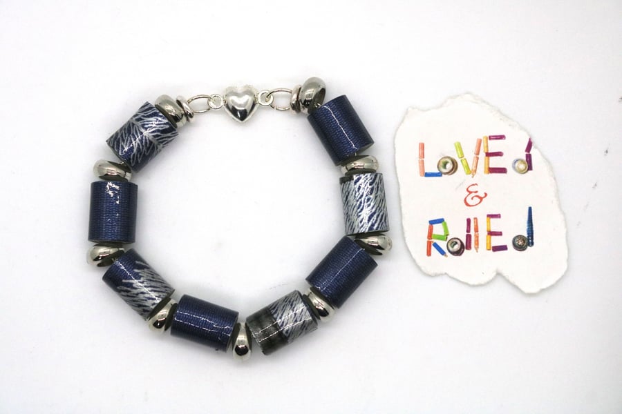 Blue silver and grey shiny paper beaded bracelet with magnetic clasp