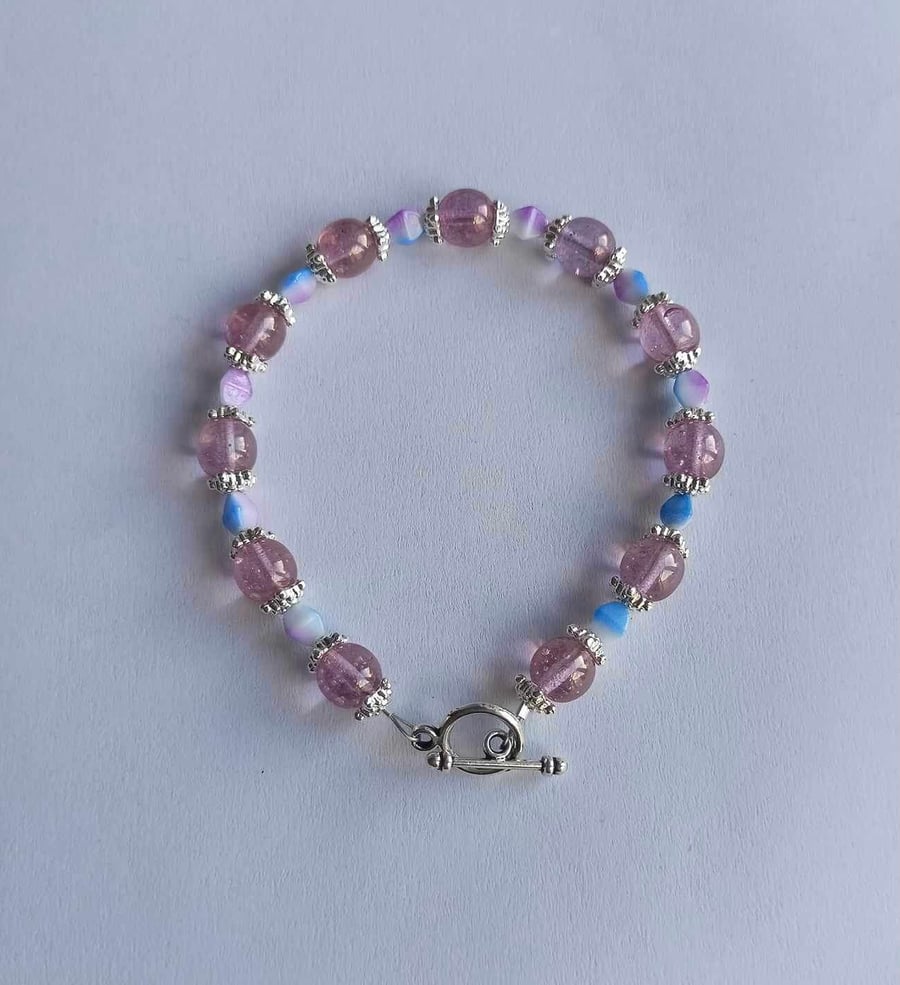 Bracelet Handmade Using Recycled Glass Beads Pale Purple & Blue & White.