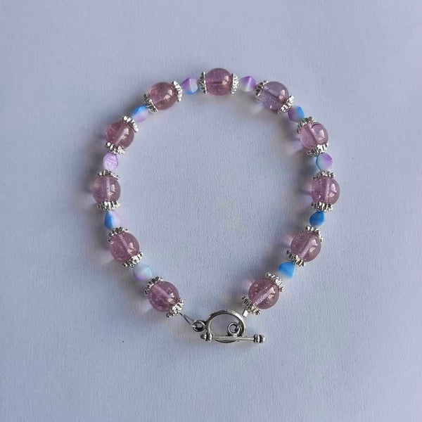 Bracelet Handmade Using Recycled Glass Beads Pale Purple & Blue & White.