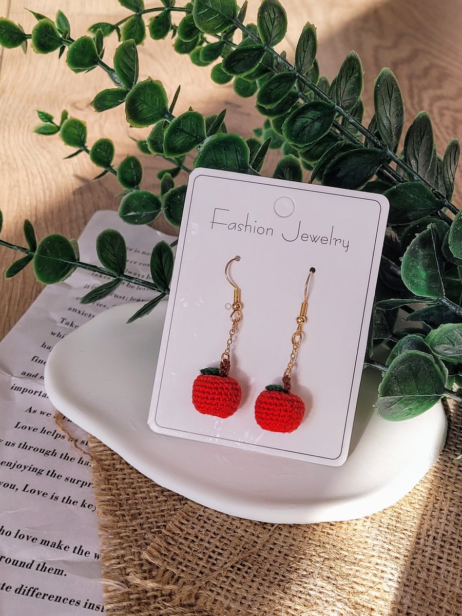 Handmade Micro Crochet Lucky Red Apple Earrings  