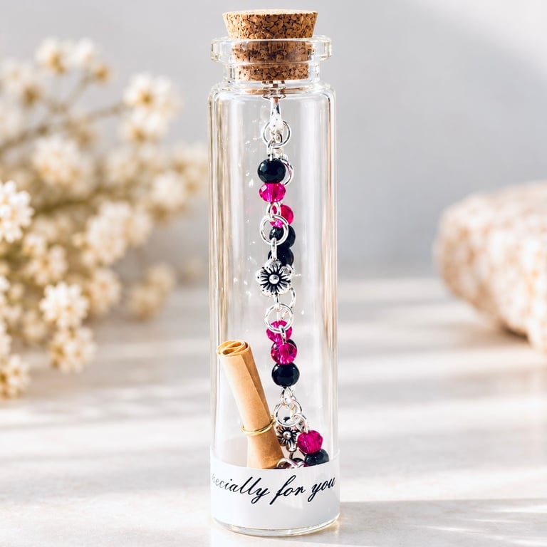 Hot Pink & Black Onyx Bracelet in a Bottle – Handmade Beaded Jewellery Gift
